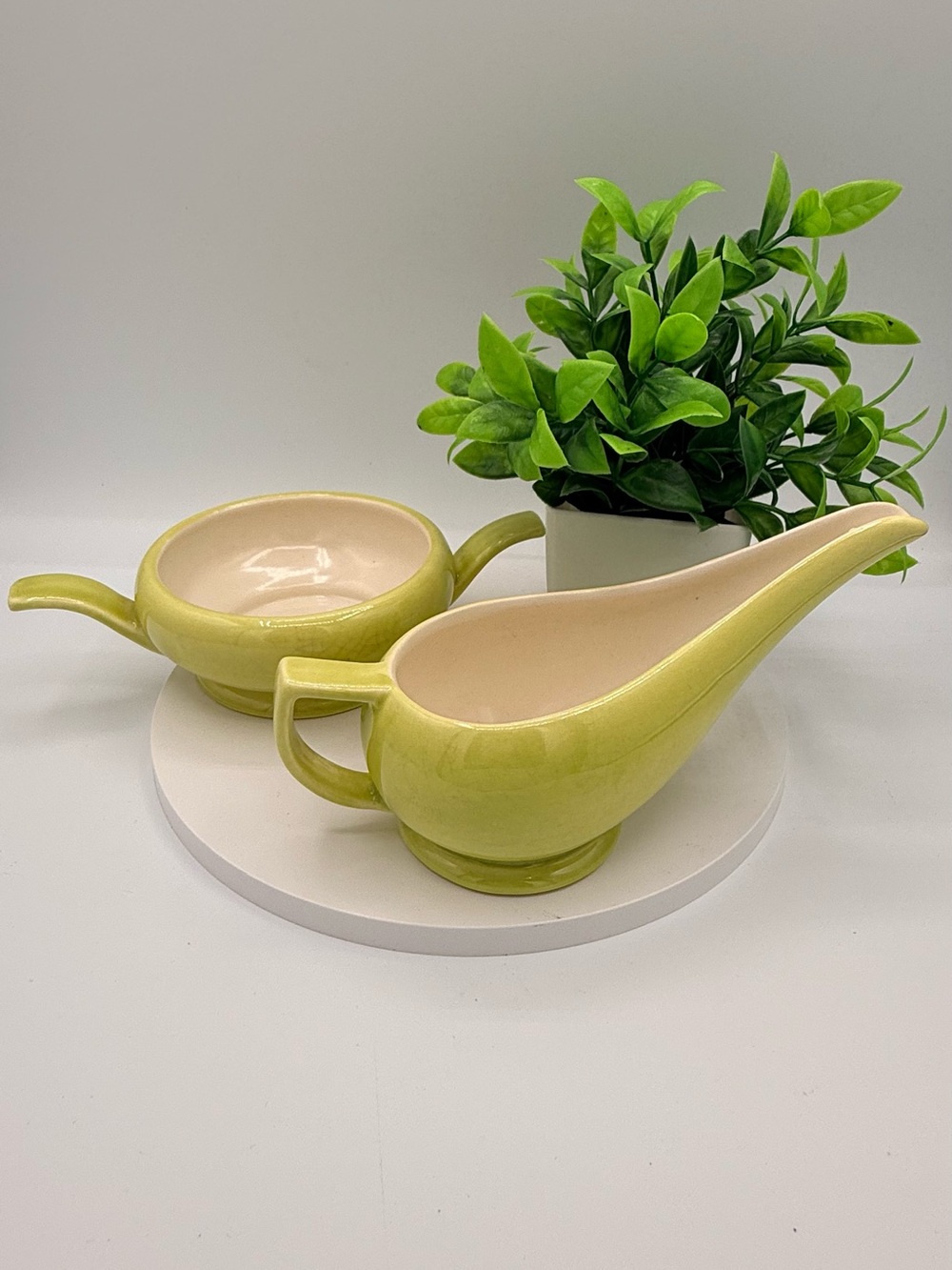 MCM Vintage Red Wing Magnolia Chartreuse Creamer & Sugar Bowl Set Mid Century